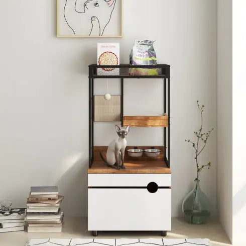 Modern cat litter box enclosure furniture in black and wood with storage shelves and cat accessories