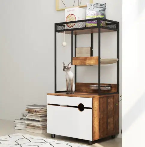 Modern cat litter box enclosure furniture with wood and white finish featuring a cozy cat perch and storage space