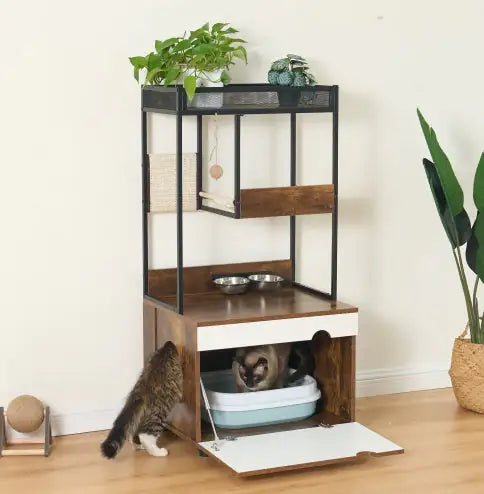 Wooden cat litter box enclosure furniture with built-in feeding station and elevated plant shelf