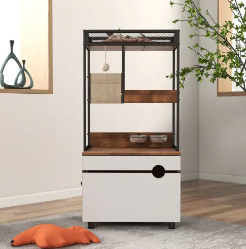 Modern cat litter box enclosure furniture with wooden and metal design in a bright living room