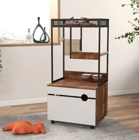 Modern cat litter box enclosure furniture with wood and white finish featuring shelves and hanging toys