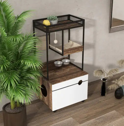 Modern cat litter box enclosure furniture with wood and white finish, includes hanging bed and feeding bowls