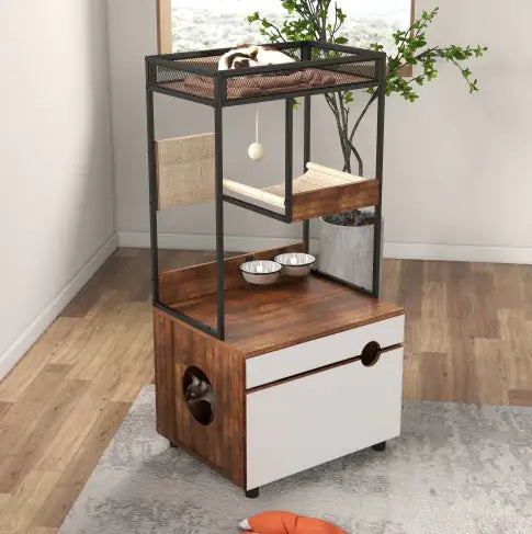 Modern cat litter box enclosure furniture with wooden base, white drawer, and black metal frame with cat shelves