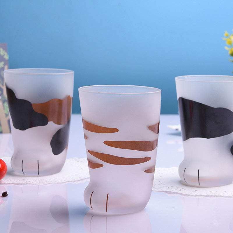 Shopi Vella frosted glass cat paw tumbler gift with paw prints and stripes set of three