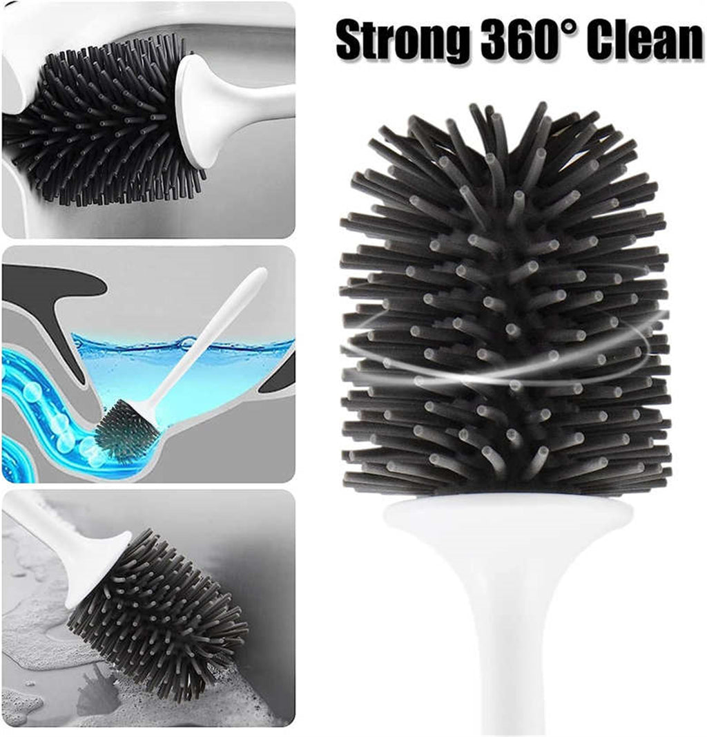Shopi Vella toilet cleaning brush set with black silicone bristles for strong 360 degree clean in white handle