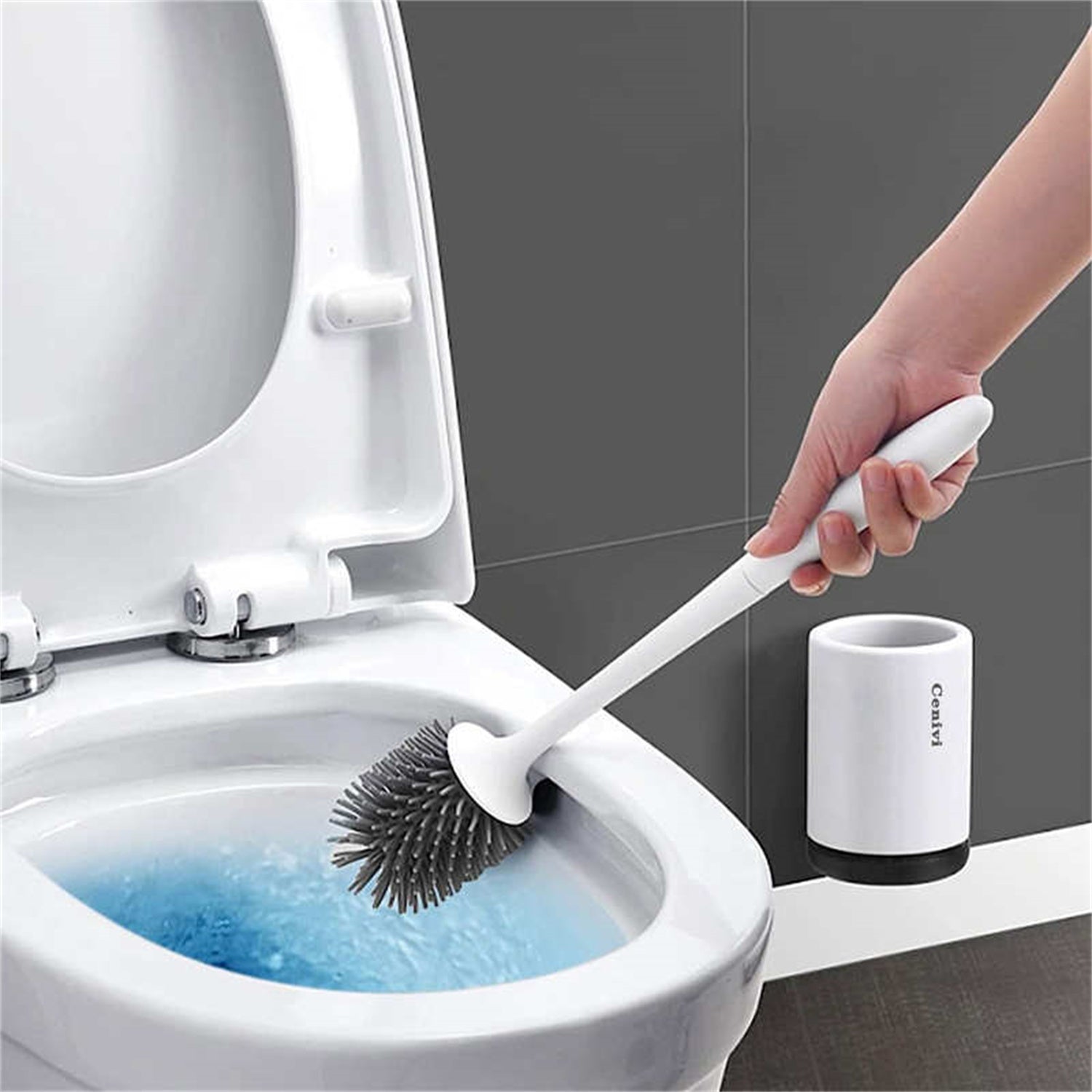 Shopi Vella toilet cleaning brush set with white handle and silicone bristles for effective toilet cleaning