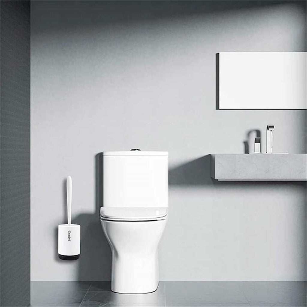 Shopi Vella toilet cleaning brush set mounted on wall next to modern white toilet in bathroom