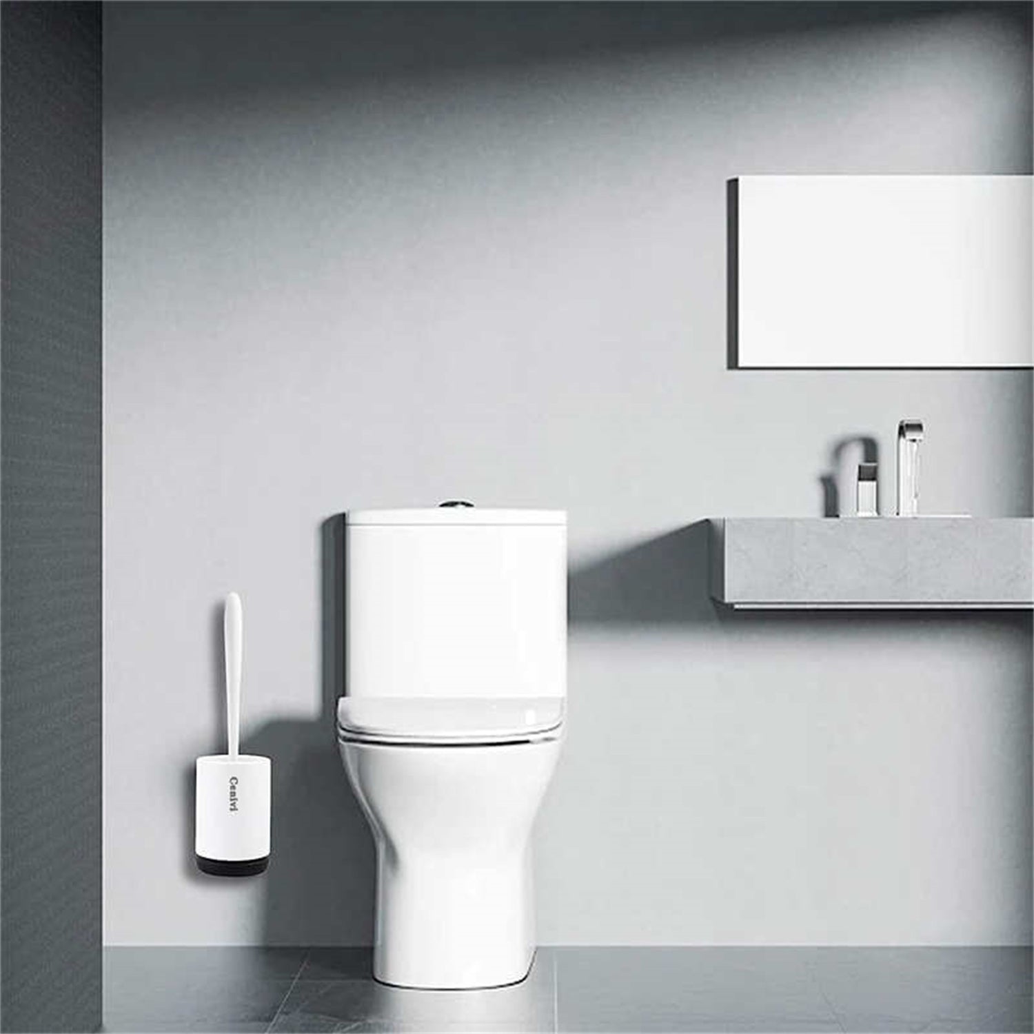 Shopi Vella toilet cleaning brush set mounted on wall next to modern white toilet in bathroom
