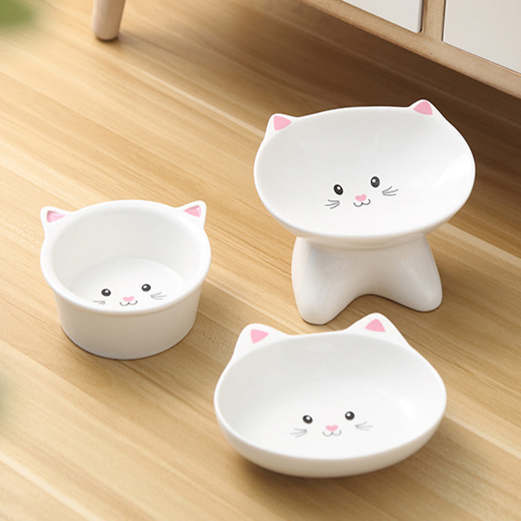 Shopi Vella ceramic cat face pet bowl set with cute white cat design for kitchen storage
