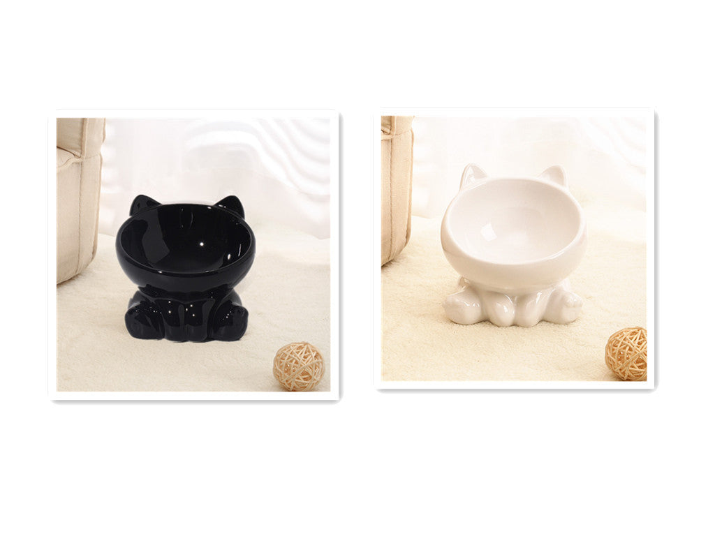 Shopi Vella ceramic cat food bowl in black and white with cat ear and paw design for home storage