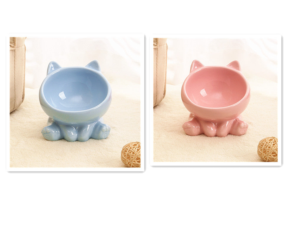 Shopi Vella ceramic cat food bowl in blue and pink with cute cat ear and paw design for home storage