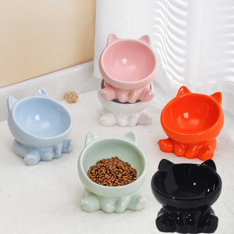 Shopi Vella ceramic cat food bowl available in pastel pink, blue, green, black, and bright orange colors