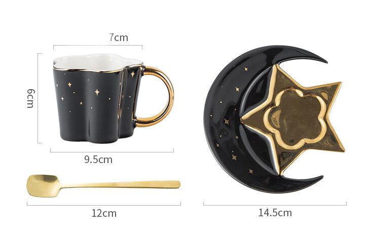 Shopi Vella ceramic cup with star and moon saucer set in black and gold with spoon