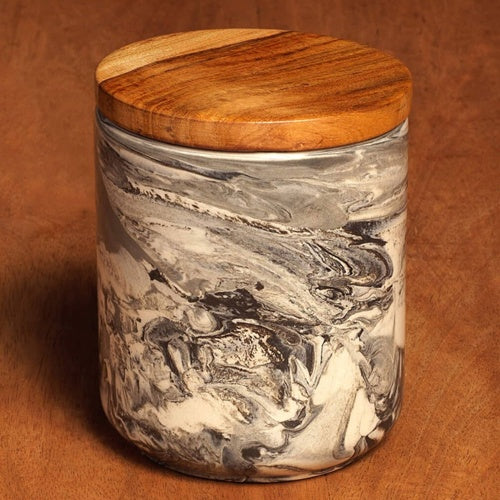 My Store ceramic jar with wooden lid in marbled gray and white design for kitchen storage