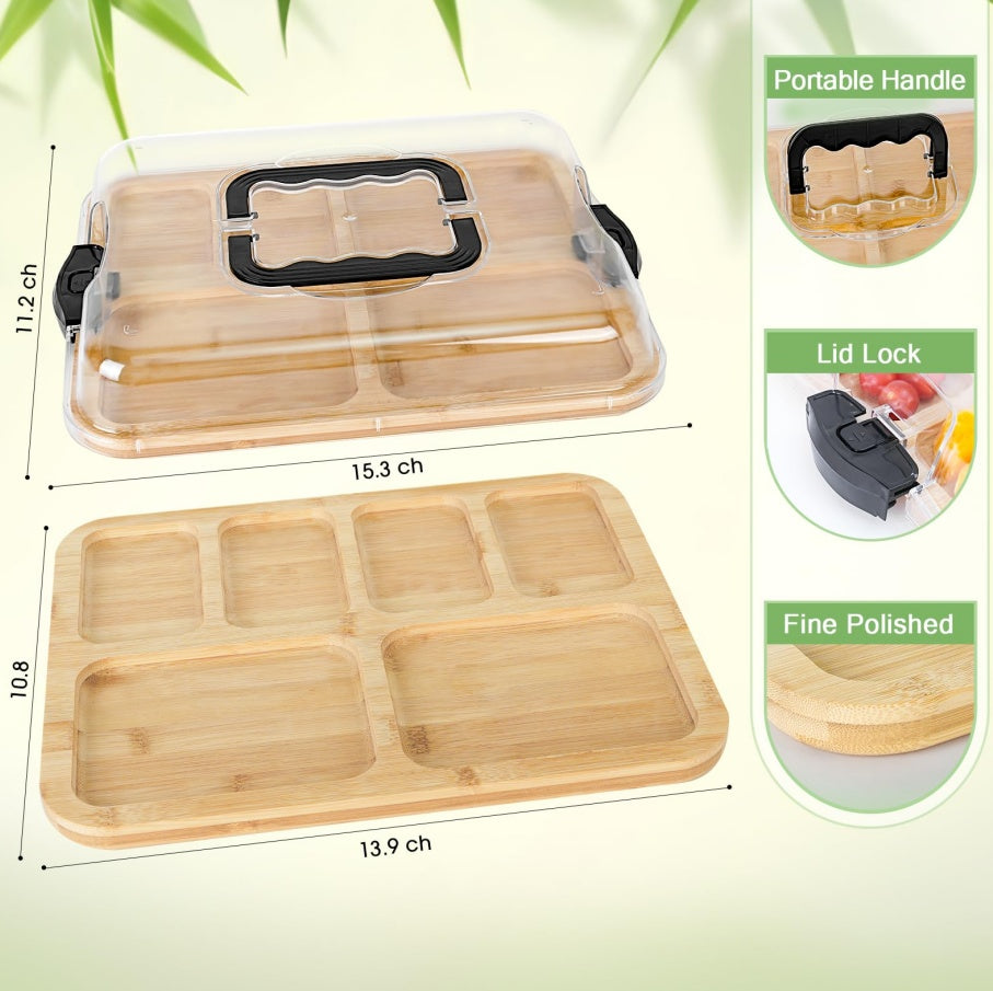 Shopi Vella charcuterie board with clear lid featuring portable handle and secure lid lock