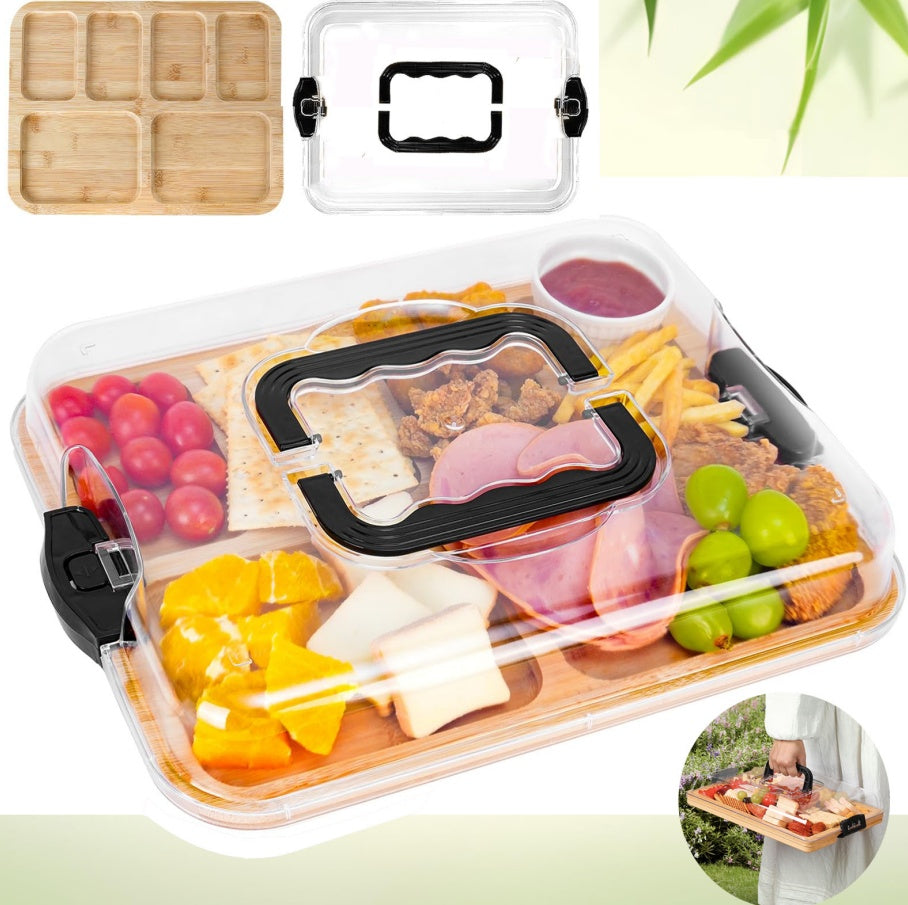 Shopi Vella charcuterie board with clear lid featuring bamboo tray and carry handle for easy serving