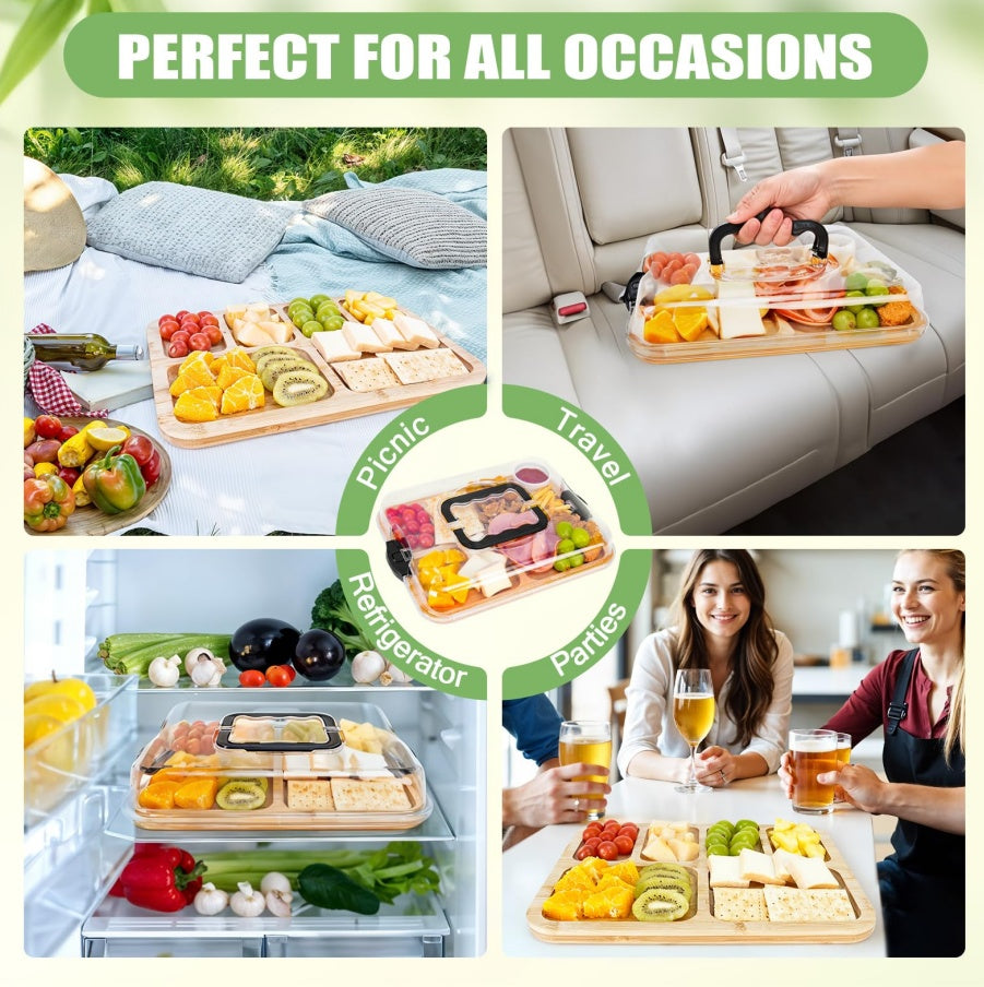 Shopi Vella charcuterie board with clear lid shown for picnic, travel, refrigerator storage, and parties