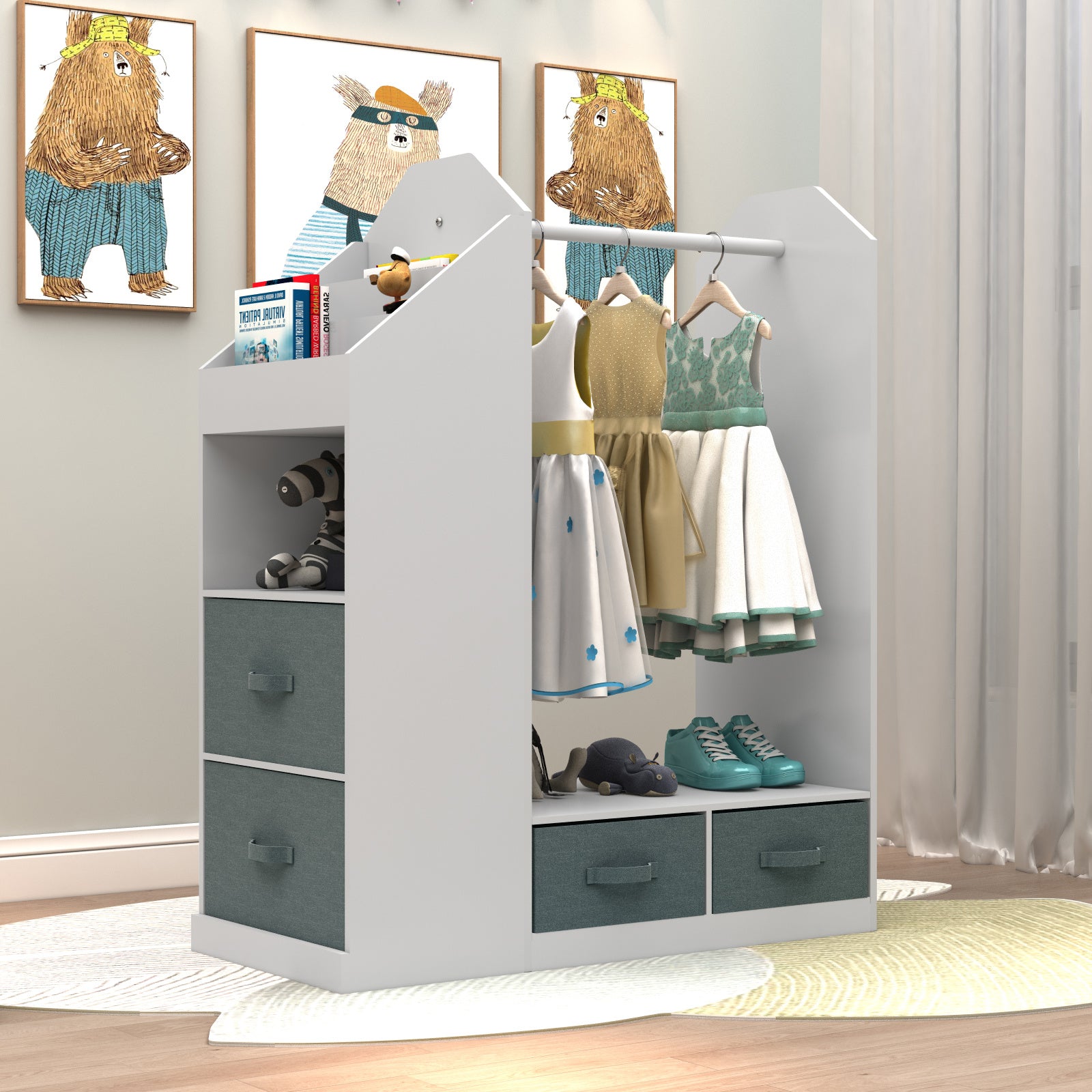 Shopi Vella white children's clothing storage rack with hanging space shelves and drawers for kids' room organization