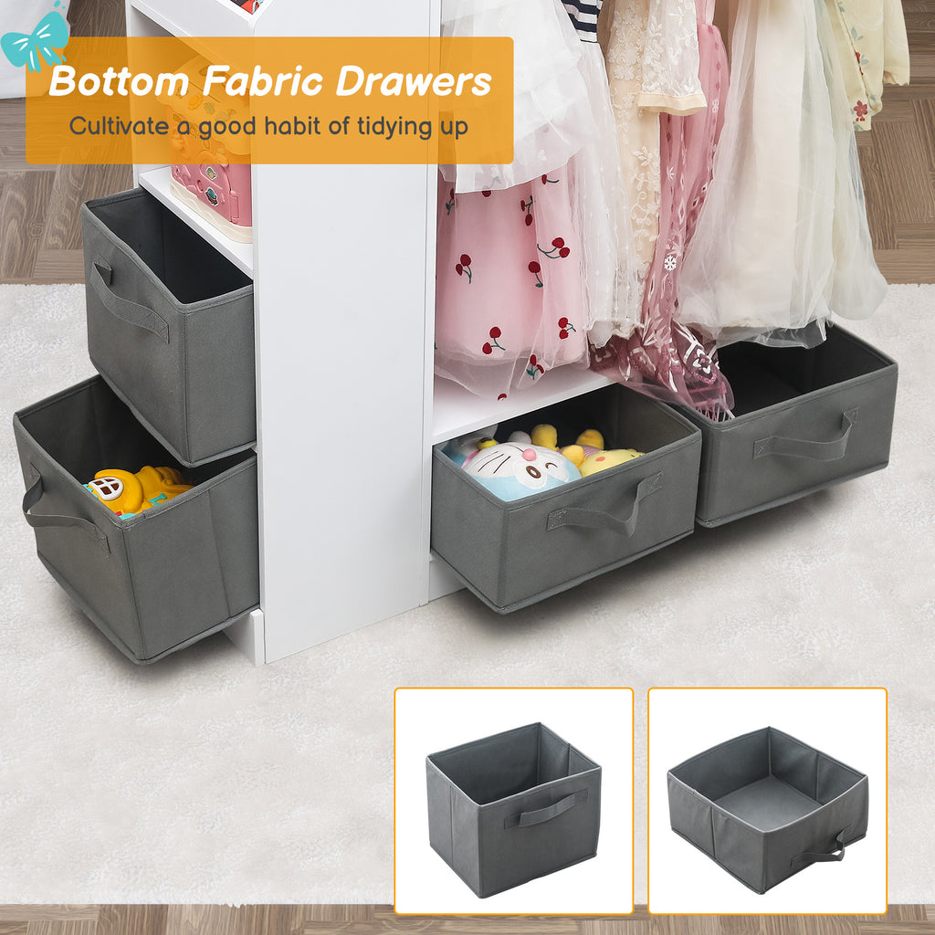 Shopi Vella children's clothing storage rack with bottom fabric drawers holding toys and hanging dresses
