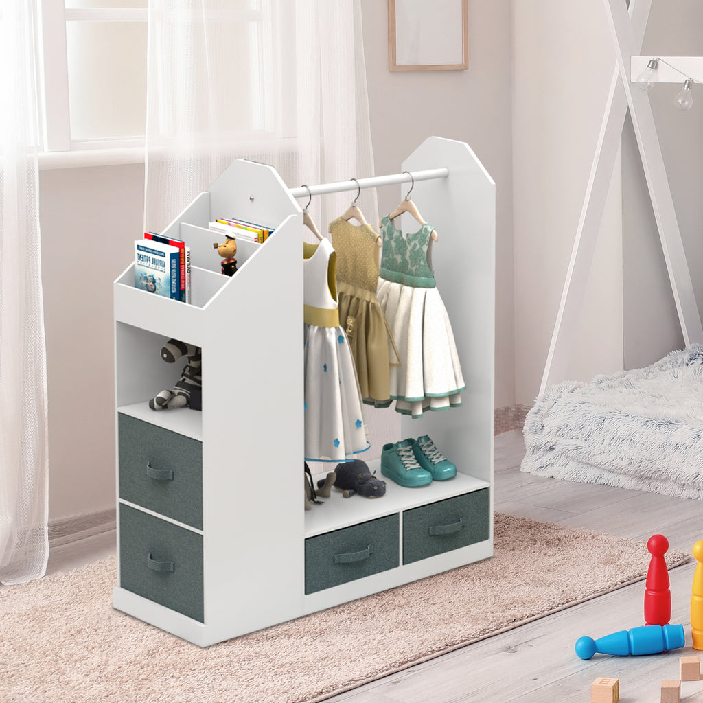 Shopi Vella children's clothing storage rack with hanging rod and fabric drawers in white