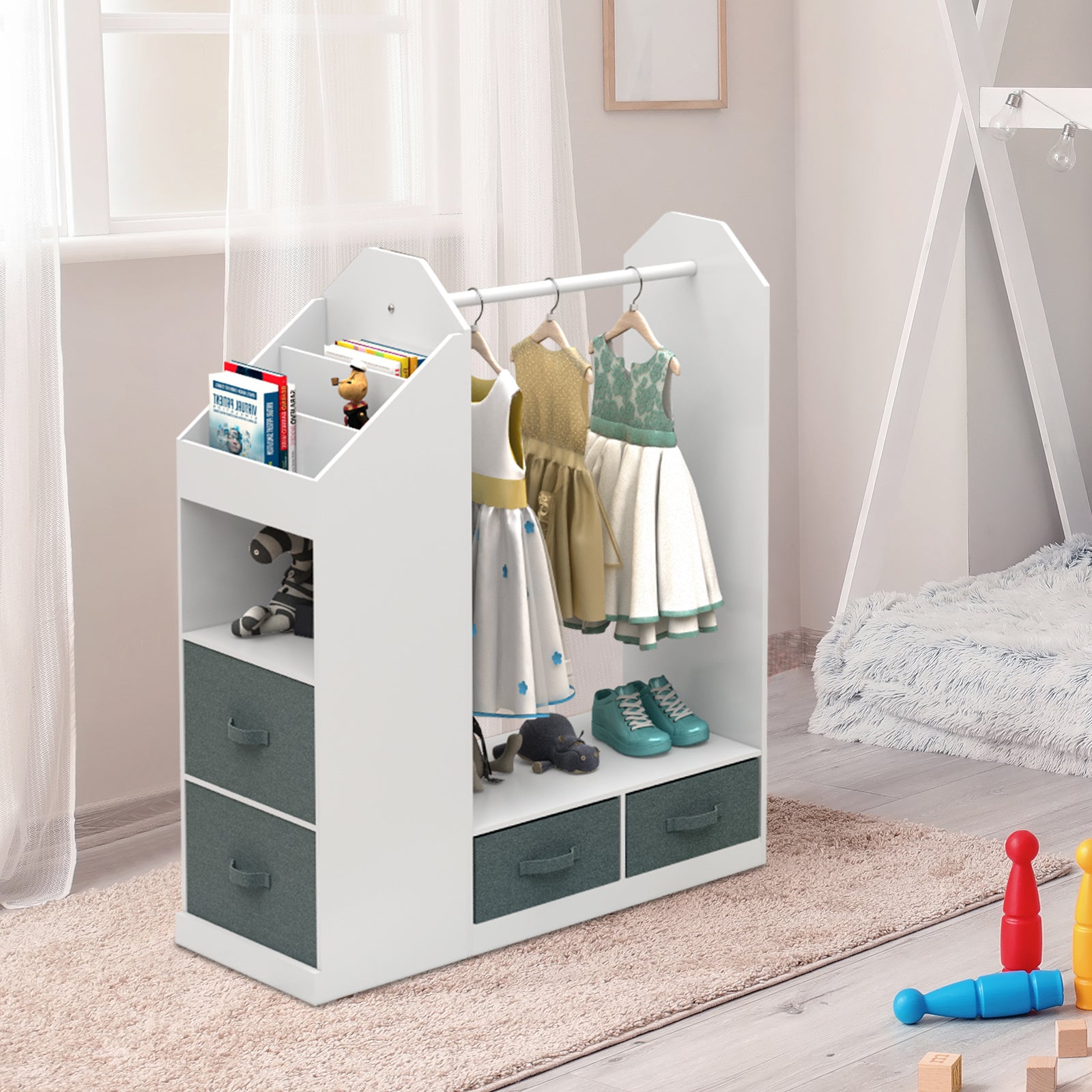 Shopi Vella children's clothing storage rack with hanging rod and fabric drawers in white