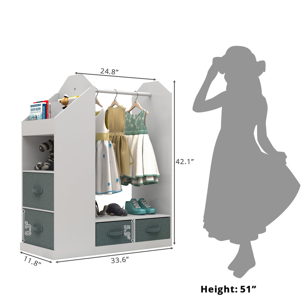 Shopi Vella children's clothing storage rack with hanging rod, shelves, and drawers in white and gray