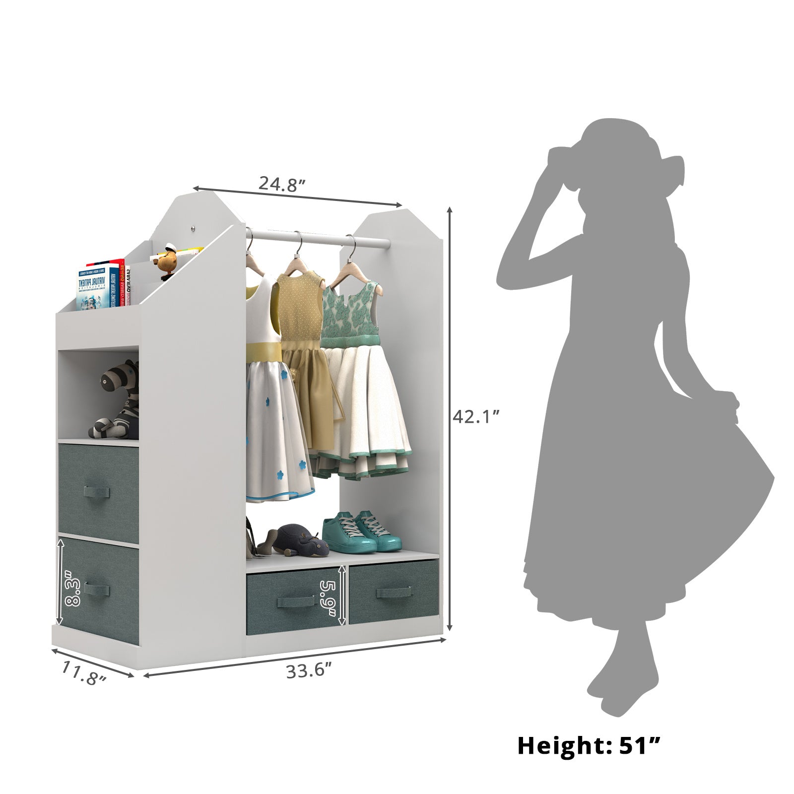 Shopi Vella children's clothing storage rack with hanging rod, shelves, and drawers in white and gray