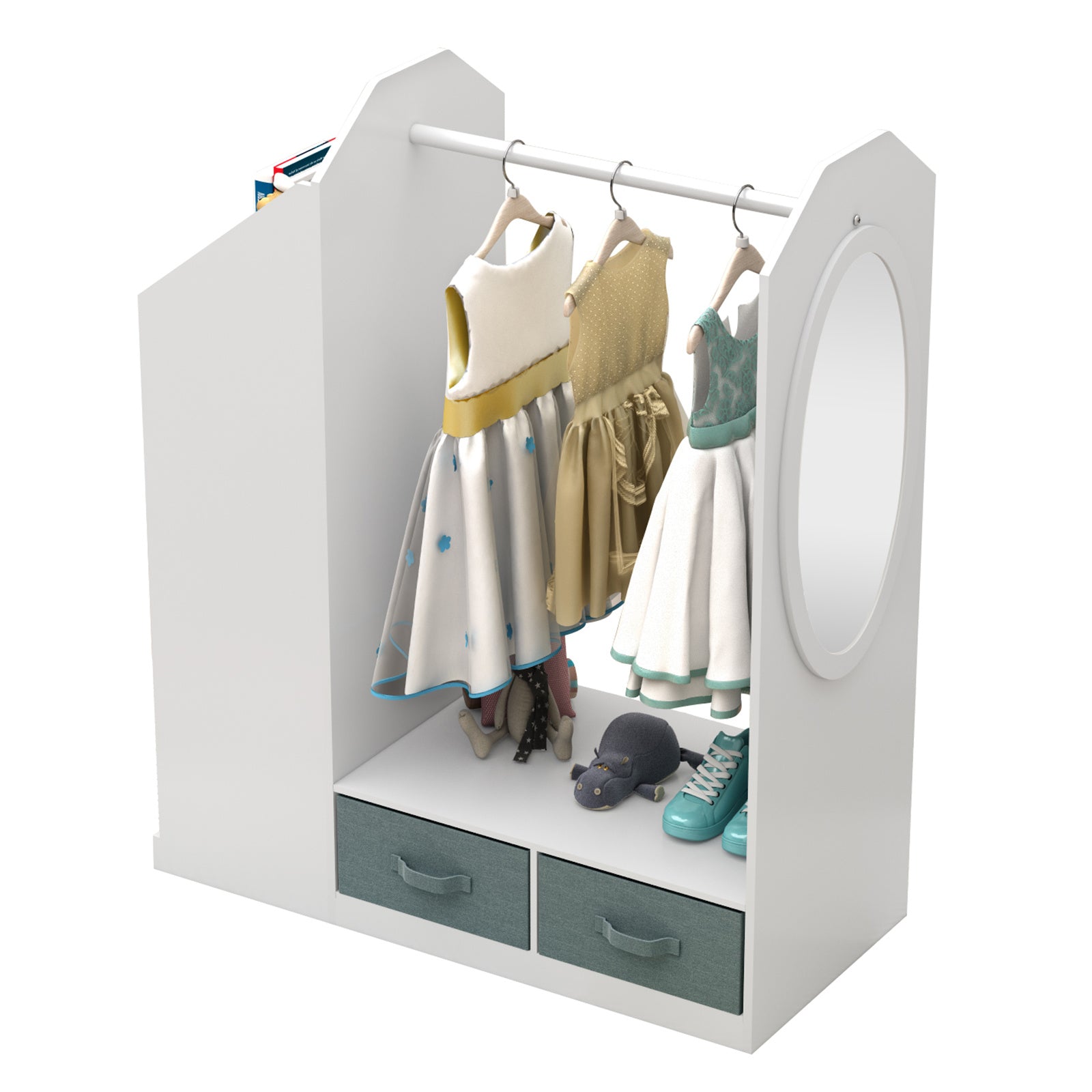 Shopi Vella children's clothing storage rack in white with two drawers and hanging space for dresses