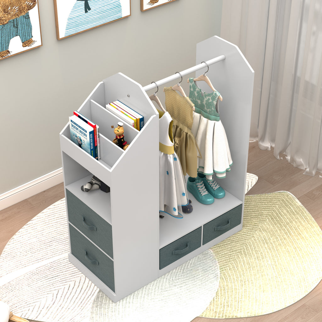 Shopi Vella children's clothing storage rack with hanging rod shelves and drawers in white and gray