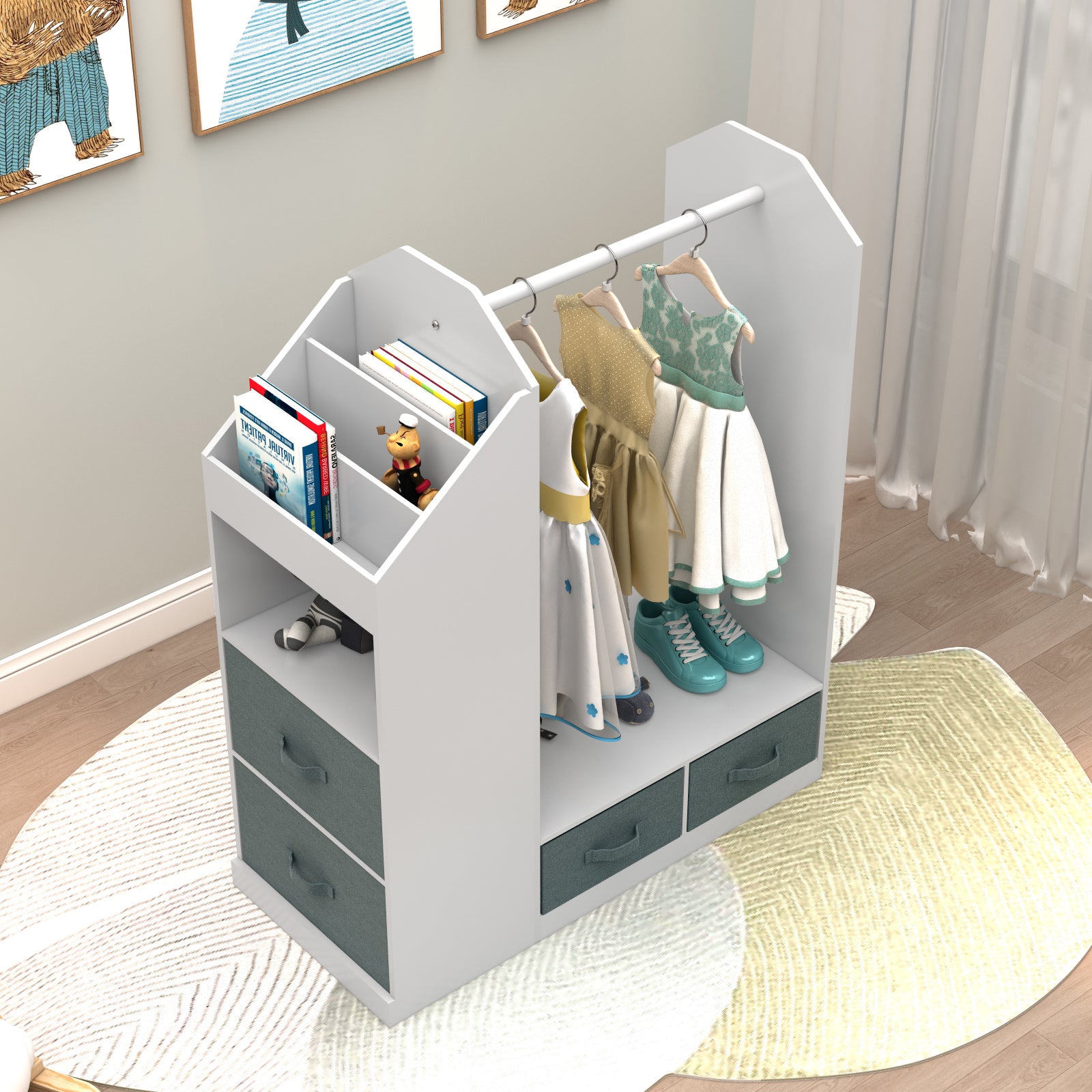 Shopi Vella children's clothing storage rack with hanging rod shelves and drawers in white and gray