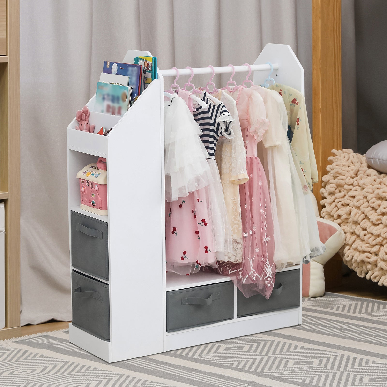 Shopi Vella children's clothing storage rack with hanging rod and fabric drawers for organizing kids clothes