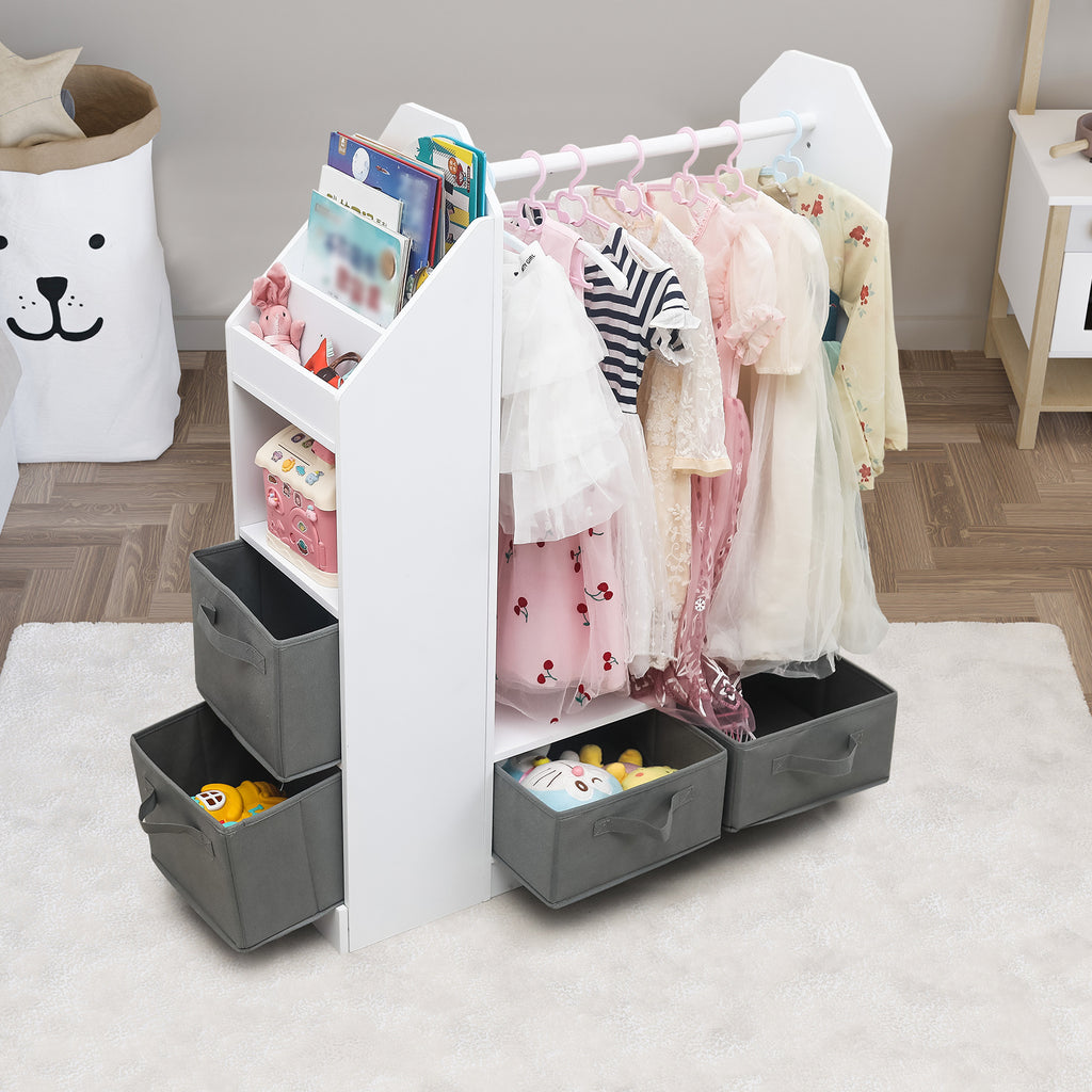 Shopi Vella children's clothing storage rack with hanging dresses and multiple gray fabric bins for toys and books