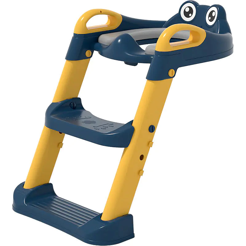 Blue and yellow children's toilet training ladder with safety handles and frog face design
