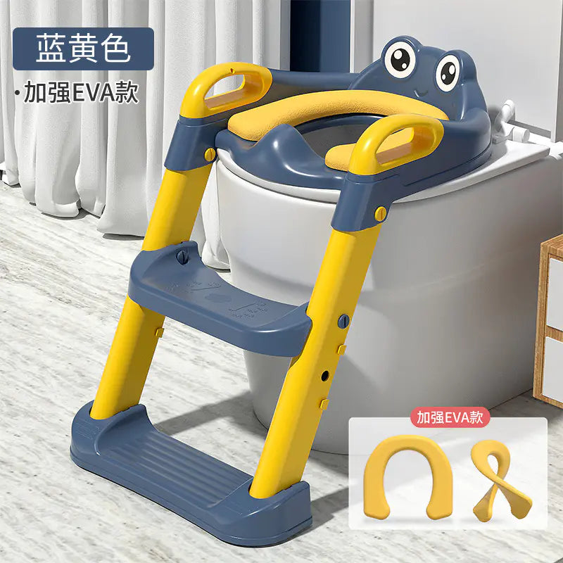 Blue and yellow children's toilet training ladder with safety handles and easy step design