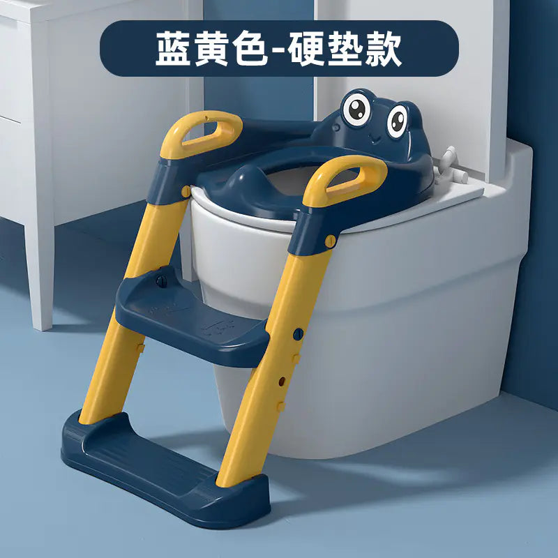 Blue and yellow children's toilet training ladder with frog design for easy toilet access