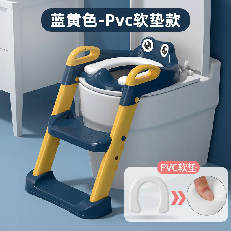 Blue and yellow children's toilet training ladder with soft PVC cushion and frog design seat