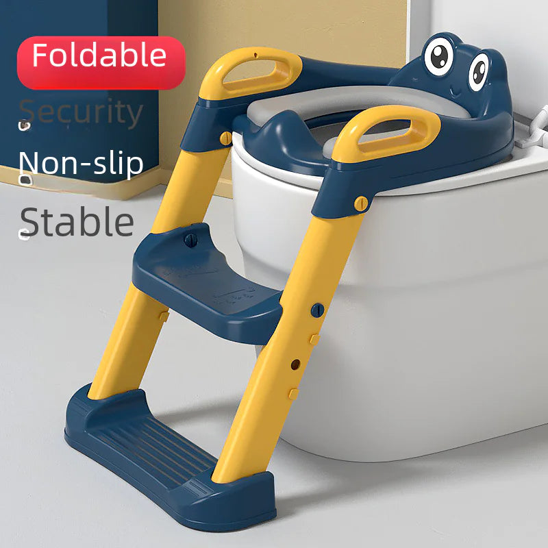 Foldable children's toilet training ladder in blue and yellow with non-slip steps and safety handles