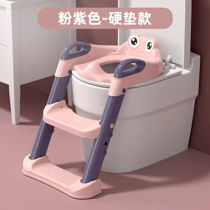 Pink and purple children's toilet training ladder with handles and step placed on a white toilet