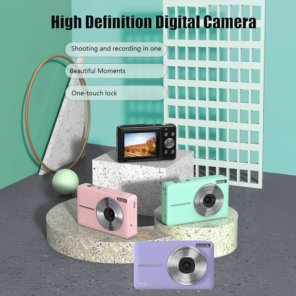 Shopi Vella children's HD camera gift in pink purple green and black with one-touch lock and high definition digital display