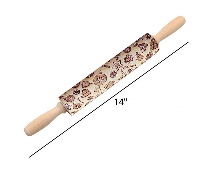14 inch Christmas embossing rolling pin with wooden handles and festive holiday patterns