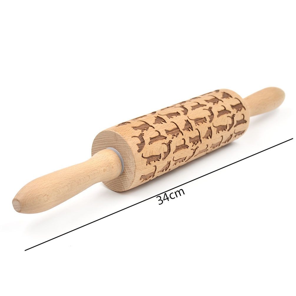 Shopi Vella Christmas embossing rolling pin with wooden handles and reindeer patterns for festive baking