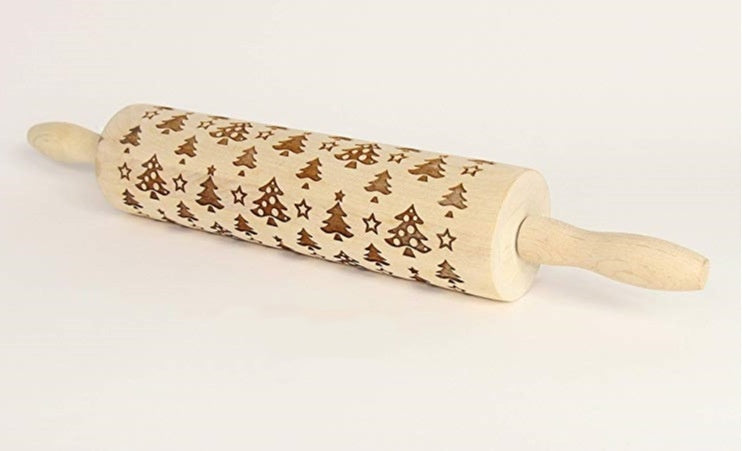 Shopi Vella Christmas embossing rolling pin with engraved holiday tree and star patterns