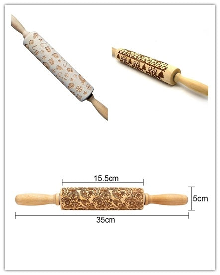 Christmas embossing rolling pin with wooden handles and festive engraved patterns for holiday baking