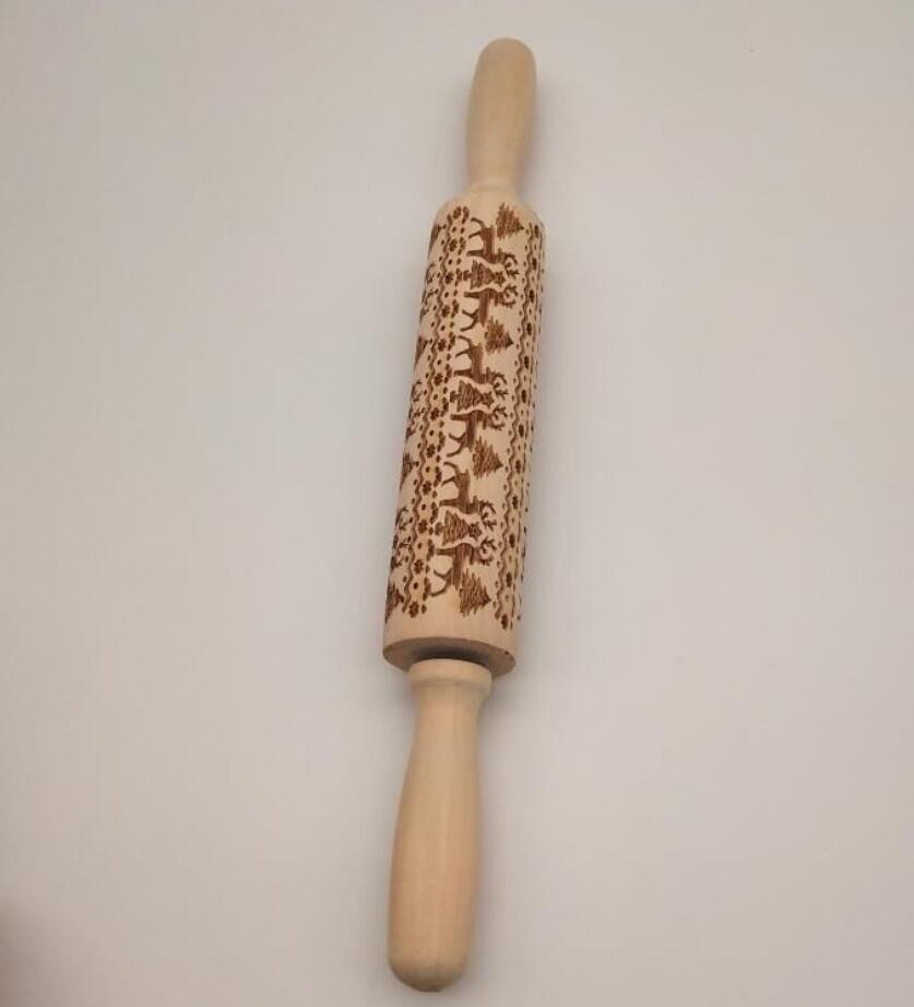 Shopi Vella wooden Christmas embossing rolling pin with festive holiday patterns for baking