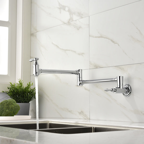 Shopi Vella folding kitchen faucet in chrome finish installed over a marble backsplash kitchen sink