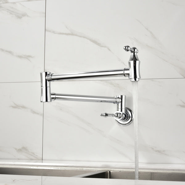 Shopi Vella folding kitchen faucet in chrome finish mounted on marble wall with water flowing