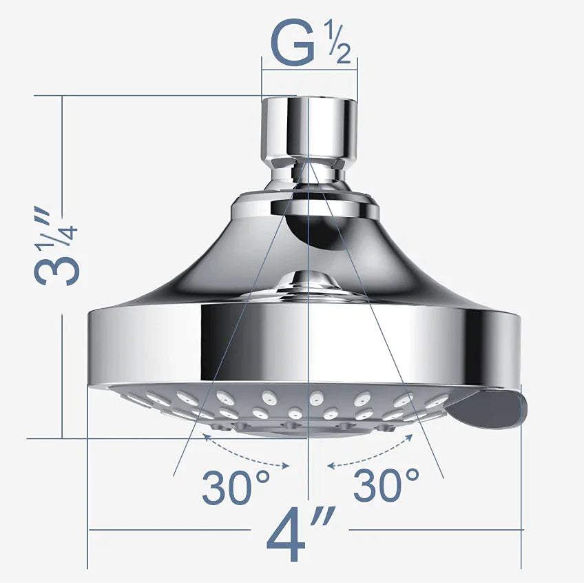 High pressure handheld shower head in chrome finish with detailed dimensions and spray angle