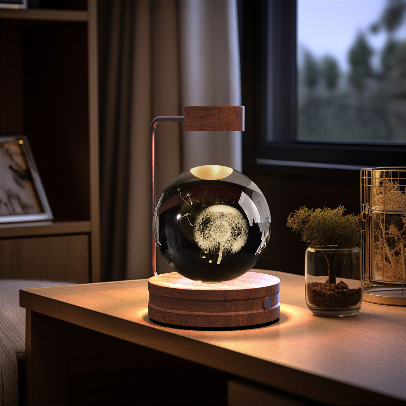 Shopi Vella birthday gift crystal ball lamp with dandelion design on wooden base glowing on table