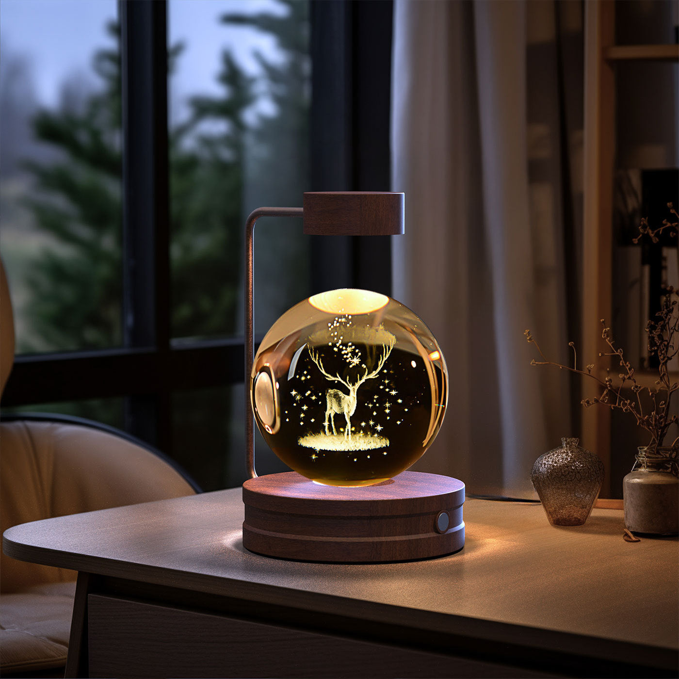 Shopi Vella birthday gift crystal ball lamp with glowing deer design on wooden base
