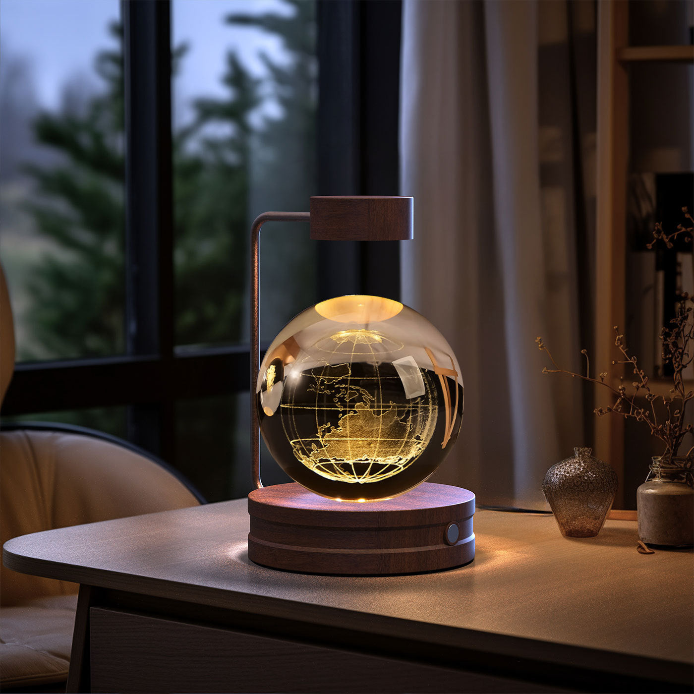 Shopi Vella birthday gift crystal ball lamp with wooden base and glowing globe design on desk